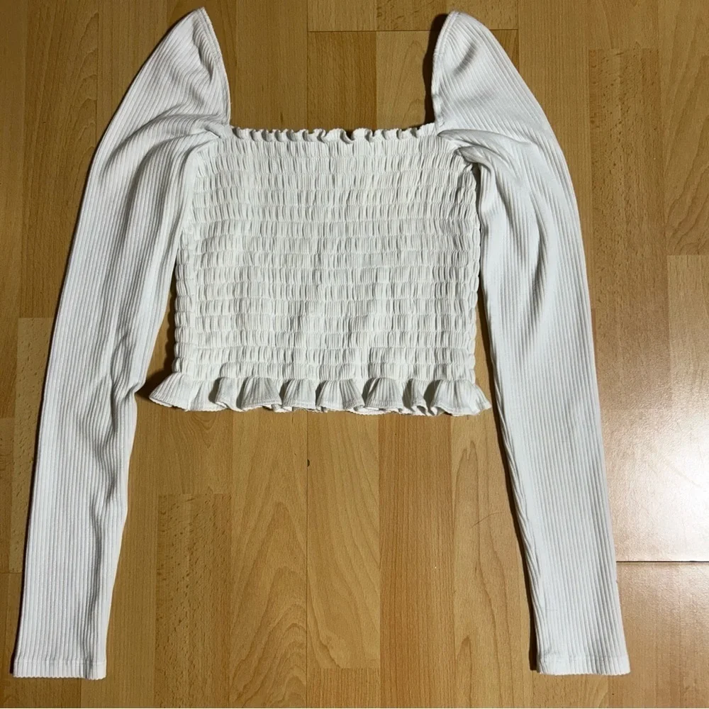 Reformation White Smocked Long‎ Sleeve Crop Top Medium